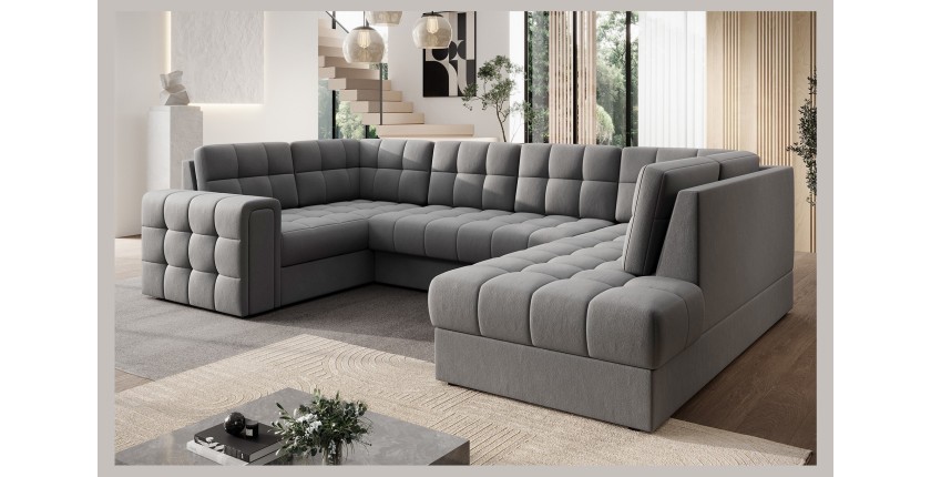 Canapé d’angle convertible MONTEZA gris 299 cm avec coffre et couchage 