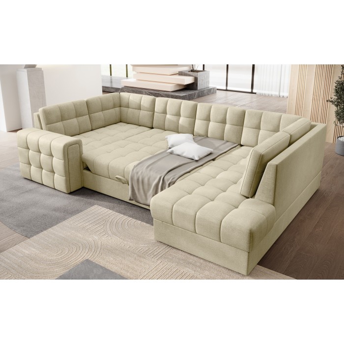 Canapé d’angle convertible MONTEZA beige 299 cm avec coffre et couchage 