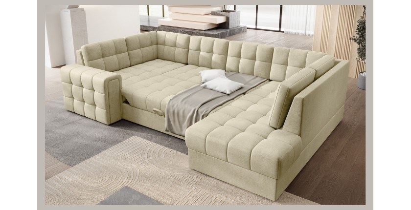 Canapé d’angle convertible MONTEZA beige 299 cm avec coffre et couchage 