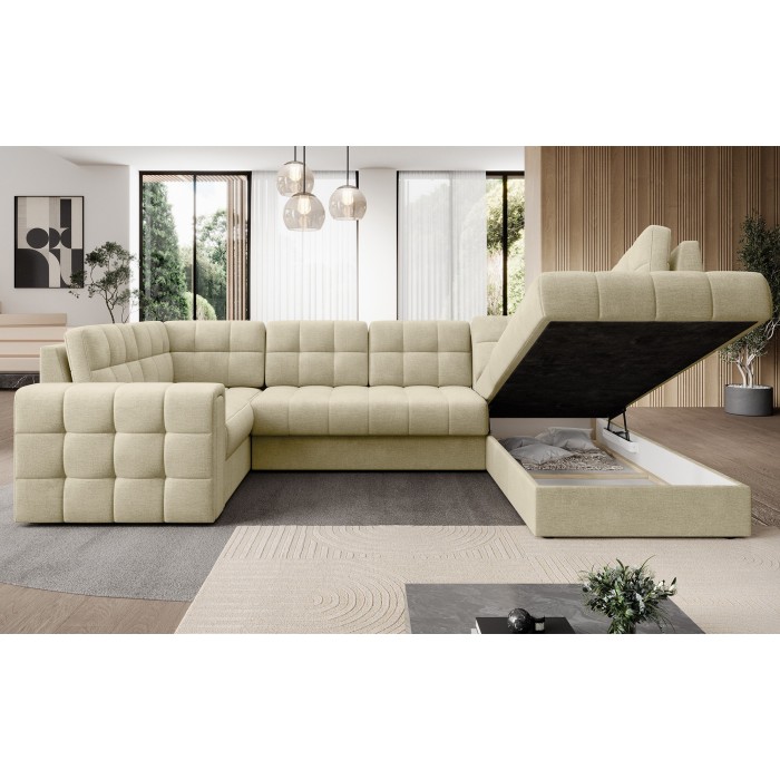 Canapé d’angle convertible MONTEZA beige 299 cm avec coffre et couchage 