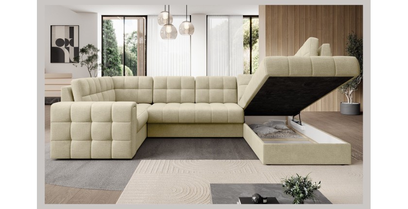 Canapé d’angle convertible MONTEZA beige 299 cm avec coffre et couchage 