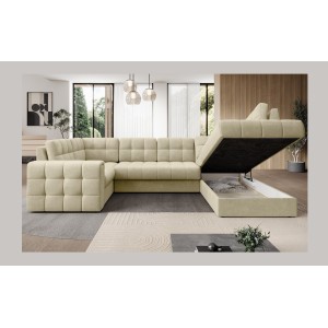 Canapé d’angle convertible MONTEZA beige 299 cm avec coffre et couchage 