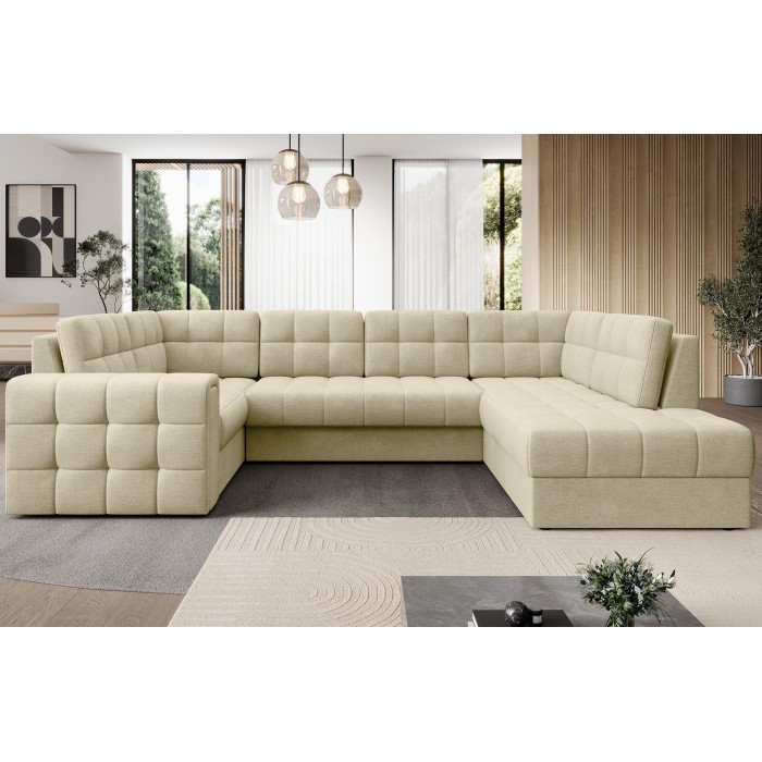 Canapé d’angle convertible MONTEZA beige 299 cm avec coffre et couchage 