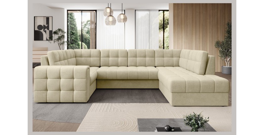 Canapé d’angle convertible MONTEZA beige 299 cm avec coffre et couchage 