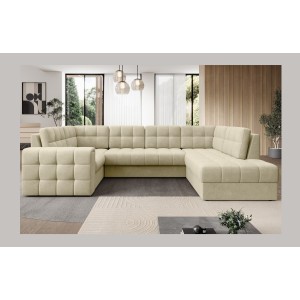 Canapé d’angle convertible MONTEZA beige 299 cm avec coffre et couchage 