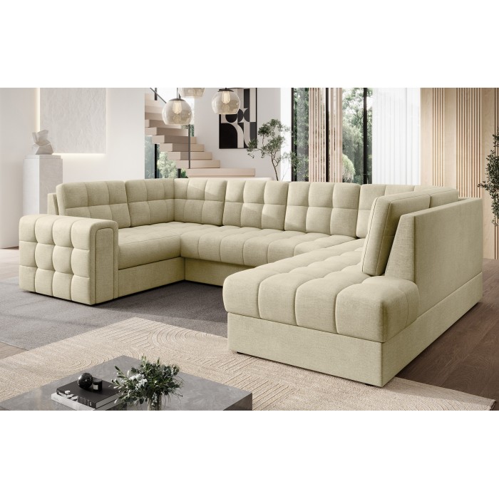 Canapé d’angle convertible MONTEZA beige 299 cm avec coffre et couchage 