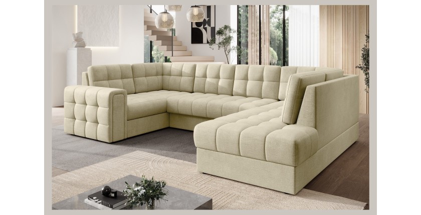 Canapé d’angle convertible MONTEZA beige 299 cm avec coffre et couchage 