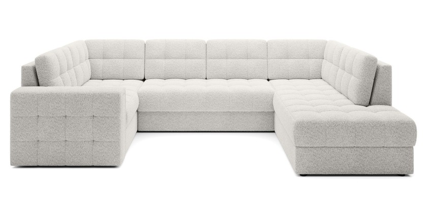 Canapé d’angle convertible MONTEZA blanc bouclette 299 cm avec coffre et couchage 