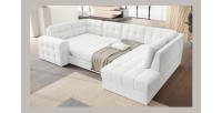 Canapé d’angle convertible MONTEZA blanc bouclette 299 cm avec coffre et couchage 