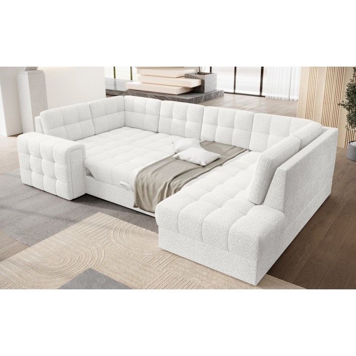 Canapé d’angle convertible MONTEZA blanc bouclette 299 cm avec coffre et couchage 