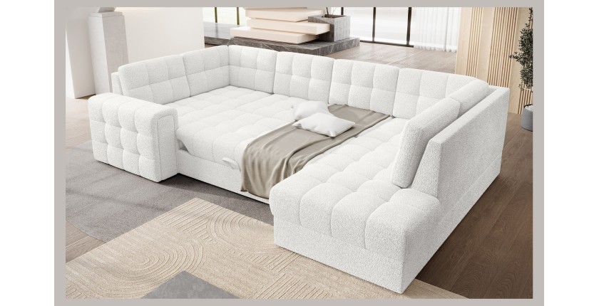 Canapé d’angle convertible MONTEZA blanc bouclette 299 cm avec coffre et couchage 