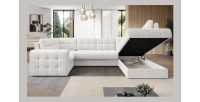 Canapé d’angle convertible MONTEZA blanc bouclette 299 cm avec coffre et couchage 