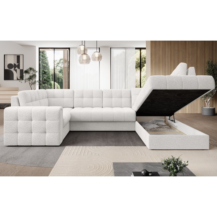 Canapé d’angle convertible MONTEZA blanc bouclette 299 cm avec coffre et couchage 