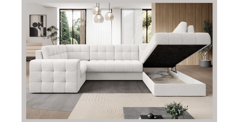 Canapé d’angle convertible MONTEZA blanc bouclette 299 cm avec coffre et couchage 
