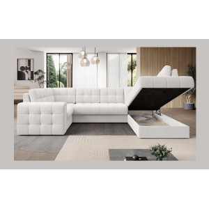 Canapé d’angle convertible MONTEZA blanc bouclette 299 cm avec coffre et couchage 