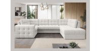 Canapé d’angle convertible MONTEZA blanc bouclette 299 cm avec coffre et couchage 