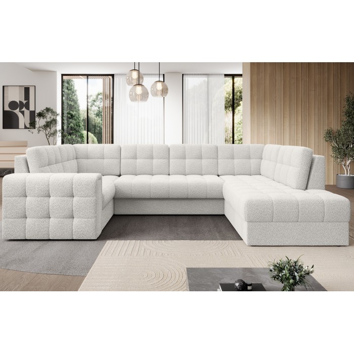 Canapé d’angle convertible MONTEZA blanc bouclette 299 cm avec coffre et couchage 