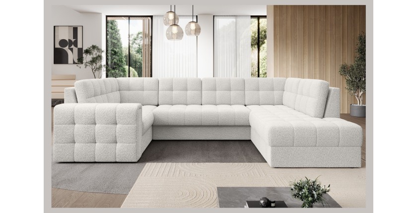 Canapé d’angle convertible MONTEZA blanc bouclette 299 cm avec coffre et couchage 