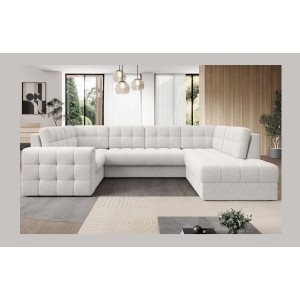 Canapé d’angle convertible MONTEZA blanc bouclette 299 cm avec coffre et couchage 