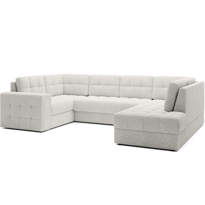 Canapé d’angle convertible MONTEZA blanc bouclette 299 cm avec coffre et couchage 