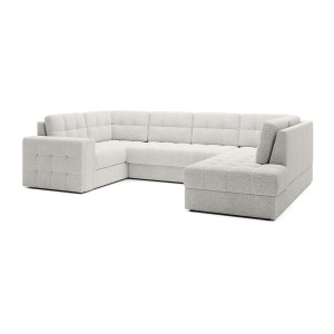 Canapé d’angle convertible MONTEZA blanc bouclette 299 cm avec coffre et couchage 
