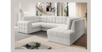 Canapé d’angle convertible MONTEZA blanc bouclette 299 cm avec coffre et couchage 