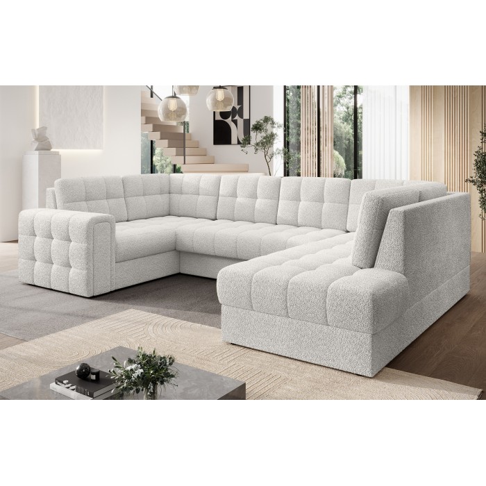 Canapé d’angle convertible MONTEZA blanc bouclette 299 cm avec coffre et couchage 