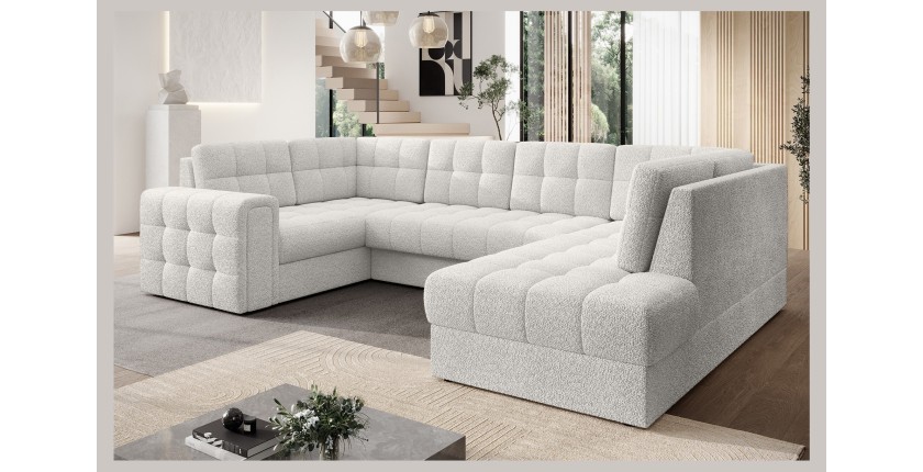 Canapé d’angle convertible MONTEZA blanc bouclette 299 cm avec coffre et couchage 