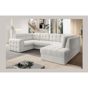 Canapé d’angle convertible MONTEZA blanc bouclette 299 cm avec coffre et couchage 