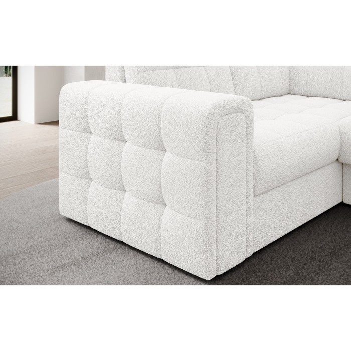 Canapé d’angle convertible MONTEZA blanc bouclette 299 cm avec coffre et couchage 