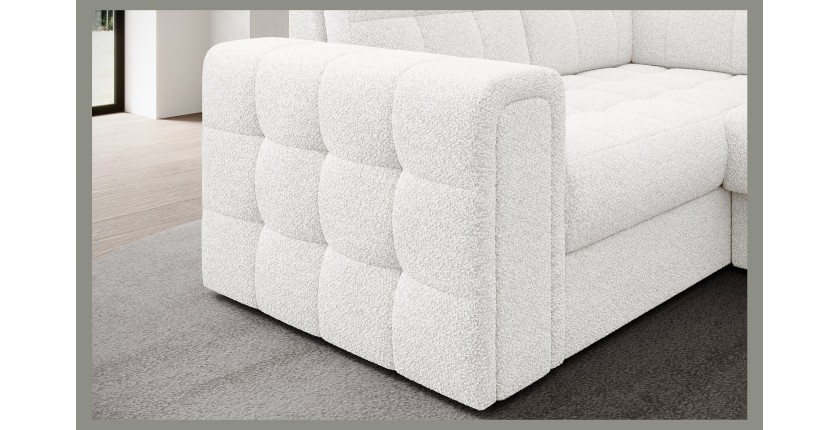 Canapé d’angle convertible MONTEZA blanc bouclette 299 cm avec coffre et couchage 