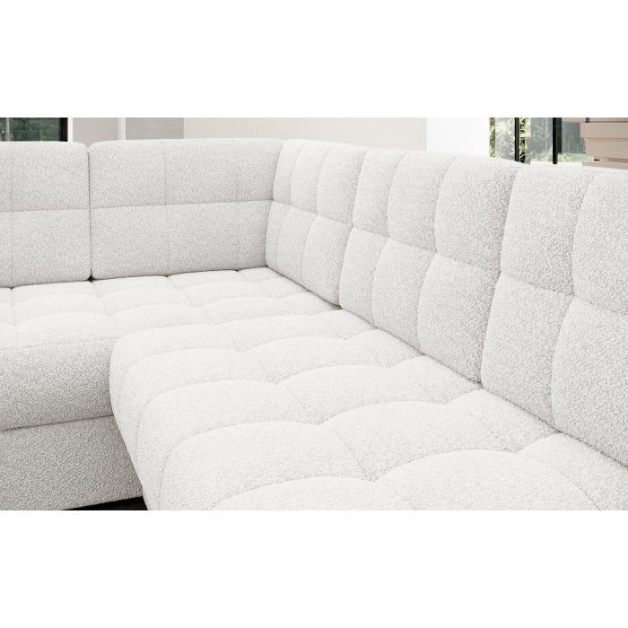 Canapé d’angle convertible MONTEZA blanc bouclette 299 cm avec coffre et couchage 