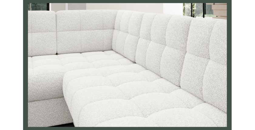 Canapé d’angle convertible MONTEZA blanc bouclette 299 cm avec coffre et couchage 
