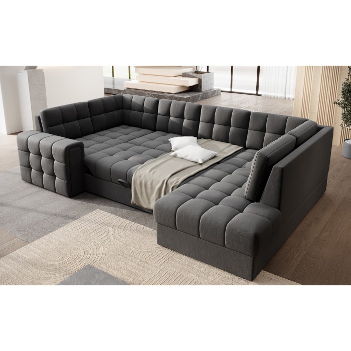 Canapé d’angle convertible MONTEZA gris foncé 299 cm avec coffre et couchage 