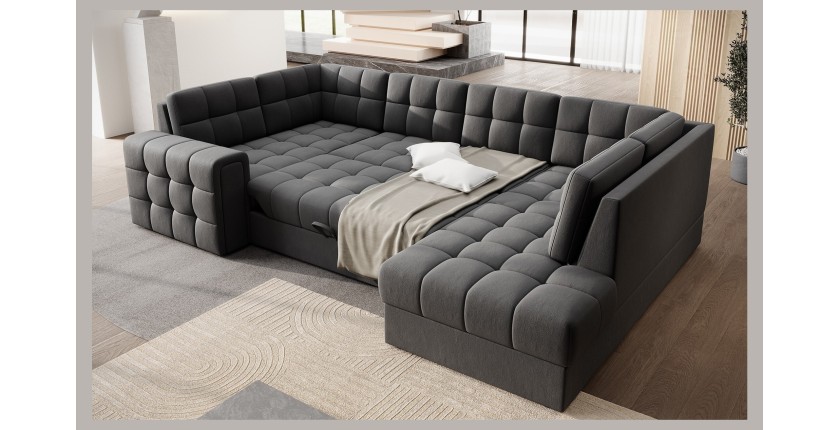 Canapé d’angle convertible MONTEZA gris foncé 299 cm avec coffre et couchage 