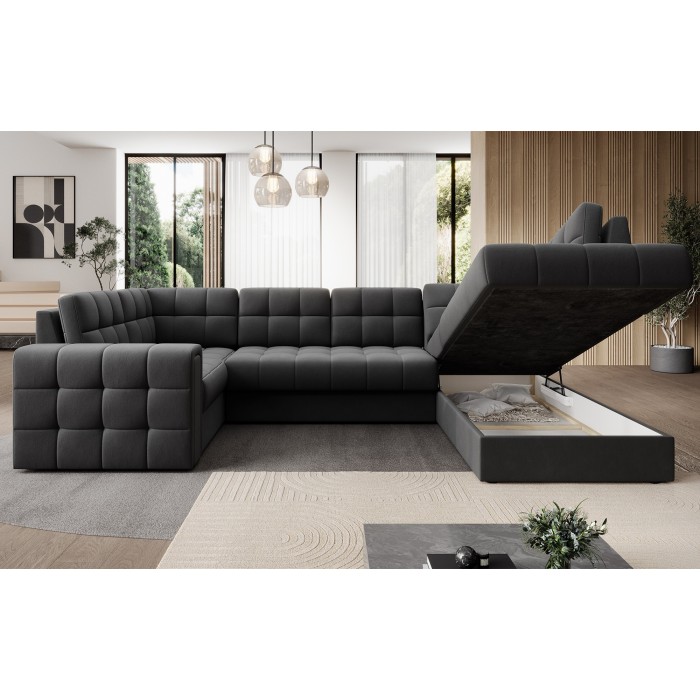 Canapé d’angle convertible MONTEZA gris foncé 299 cm avec coffre et couchage 