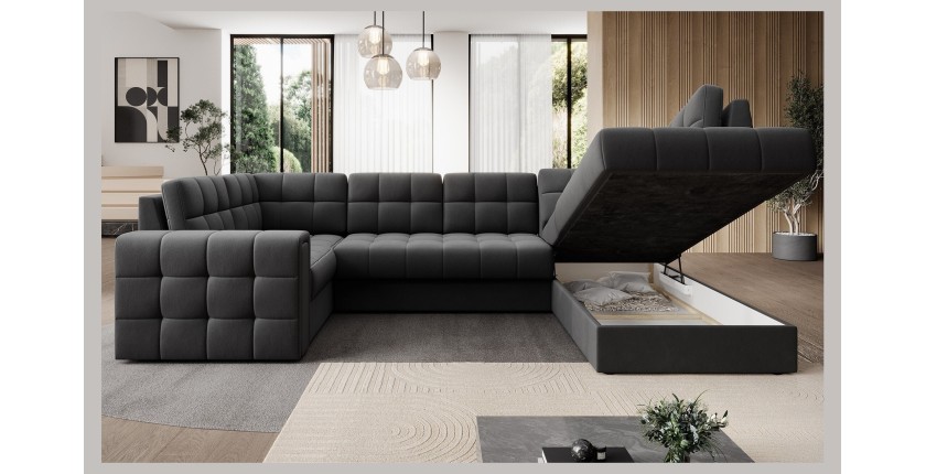 Canapé d’angle convertible MONTEZA gris foncé 299 cm avec coffre et couchage 
