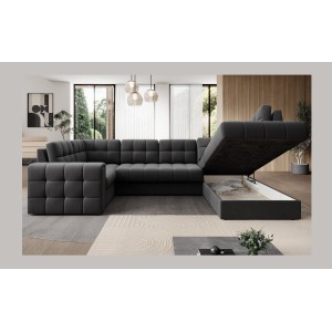 Canapé d’angle convertible MONTEZA gris foncé 299 cm avec coffre et couchage 