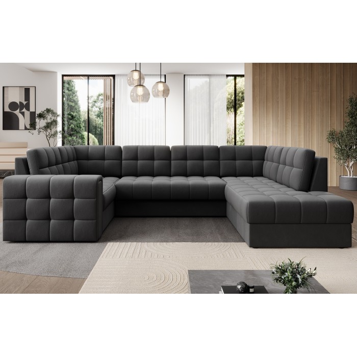 Canapé d’angle convertible MONTEZA gris foncé 299 cm avec coffre et couchage 