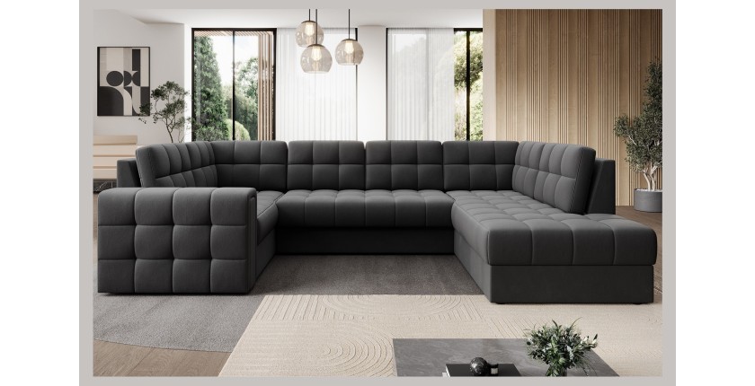 Canapé d’angle convertible MONTEZA gris foncé 299 cm avec coffre et couchage 