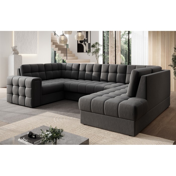 Canapé d’angle convertible MONTEZA gris foncé 299 cm avec coffre et couchage 
