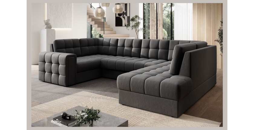 Canapé d’angle convertible MONTEZA gris foncé 299 cm avec coffre et couchage 