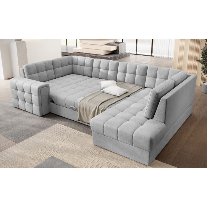 Canapé d’angle convertible MONTEZA gris 299 cm avec coffre et couchage 
