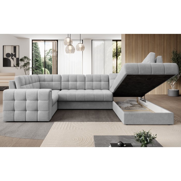 Canapé d’angle convertible MONTEZA gris 299 cm avec coffre et couchage 