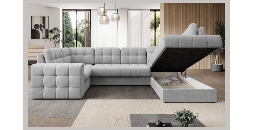 Canapé d’angle convertible MONTEZA gris 299 cm avec coffre et couchage 