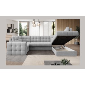 Canapé d’angle convertible MONTEZA gris 299 cm avec coffre et couchage 