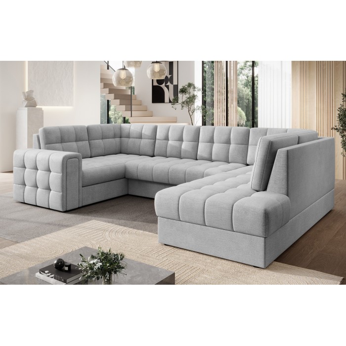 Canapé d’angle convertible MONTEZA gris 299 cm avec coffre et couchage 