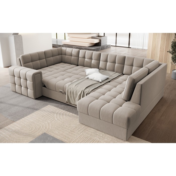 Canapé d’angle convertible MONTEZA beige 299 cm avec coffre et couchage 