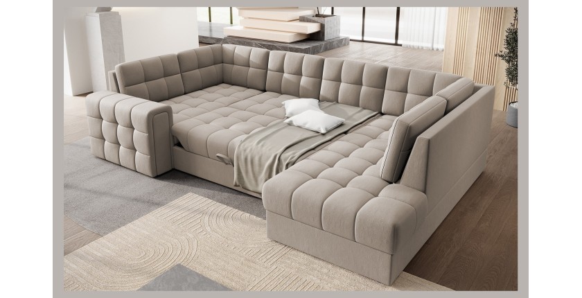 Canapé d’angle convertible MONTEZA beige 299 cm avec coffre et couchage 