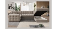 Canapé d’angle convertible MONTEZA beige 299 cm avec coffre et couchage 